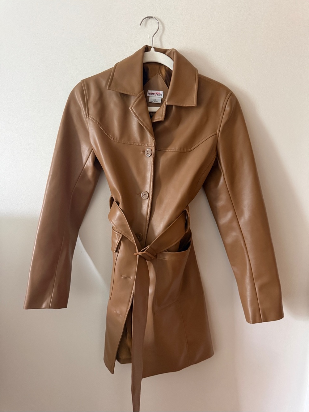 Wet Seal Brown Faux Leather Belted Trench Coat